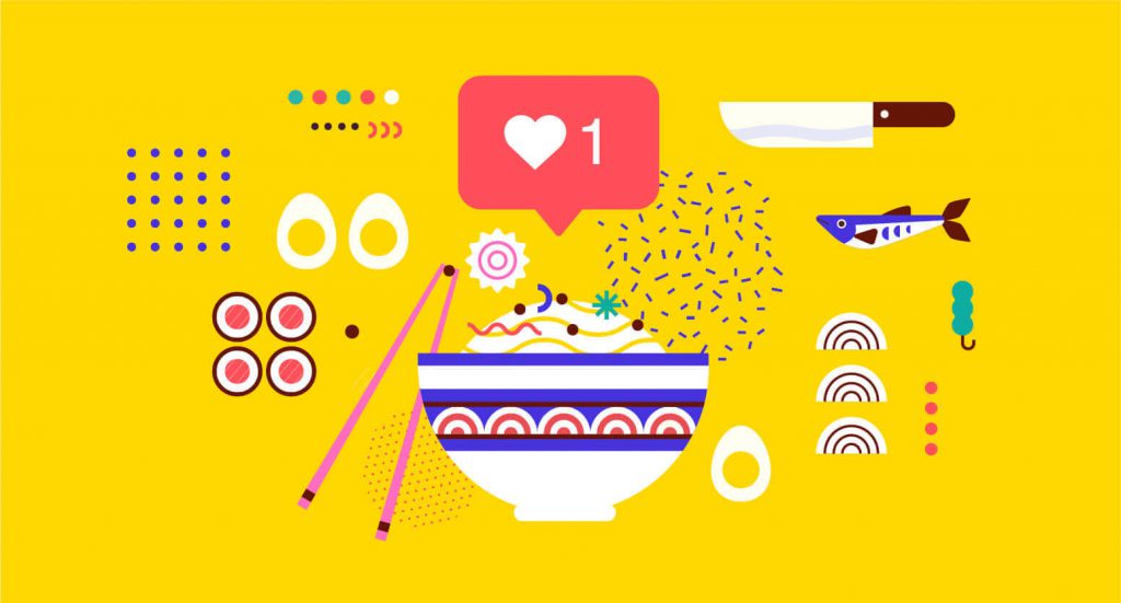 Visualisation abstraite du bouton « like » d’Instagram avec un plat asiatique 