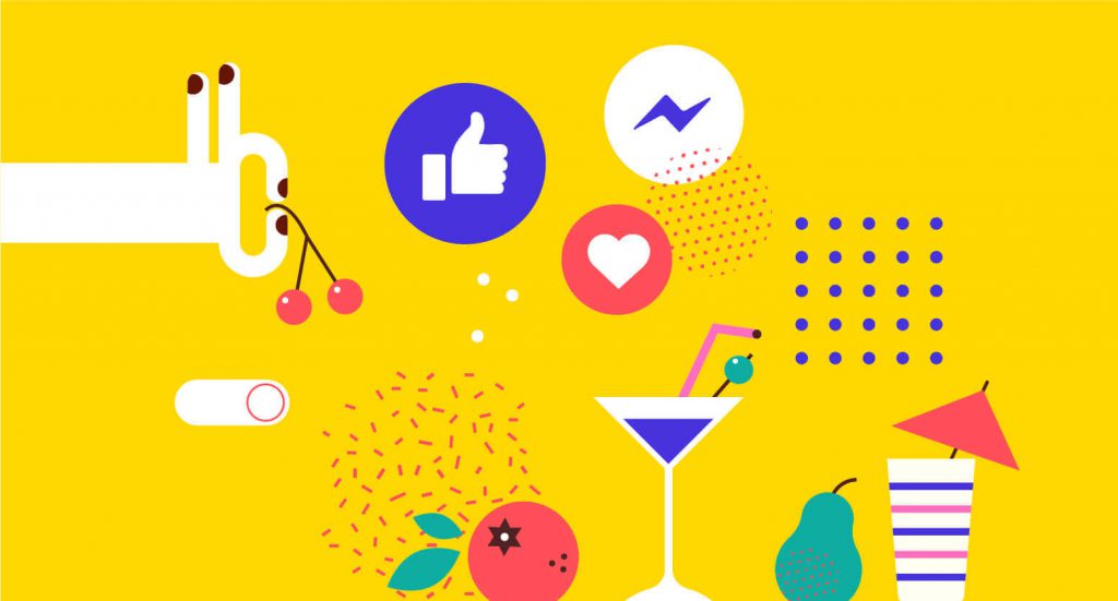 Visualisation abstraite des boutons « like » et « partager » de Facebook avec un verre à cocktail 