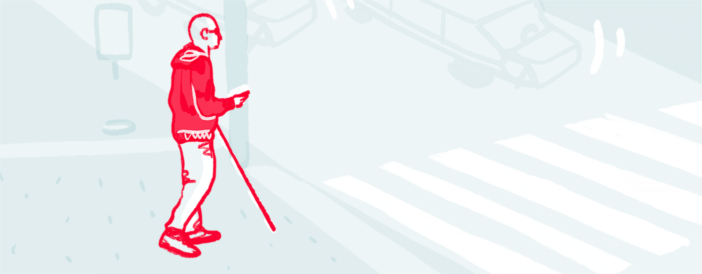 An illustration from Polis Network, representing a visually impaired man crossing the street with a cane.